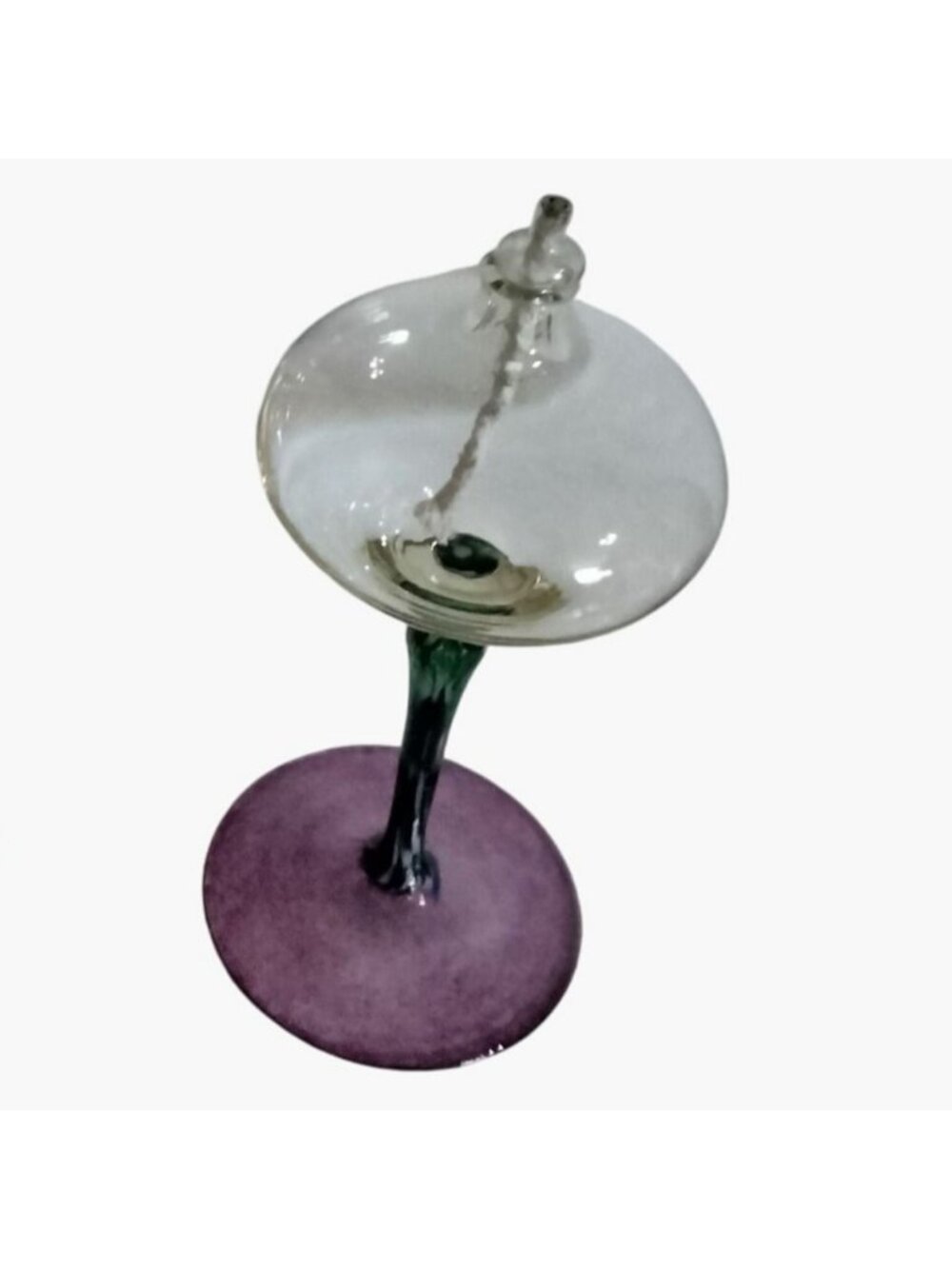 Hand Blown Glass Oil Candle Purple Base Green Swirled Stem 8 inch